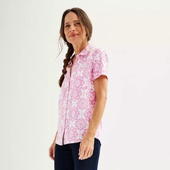NWT Croft&Barrow Women Short Sleeve Button Down Collared Floral Shirt Size Large - Picture 1 of 1
